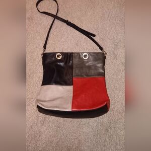 Elegant Patchwork Shoulder Bag in Black, Gray, and Red